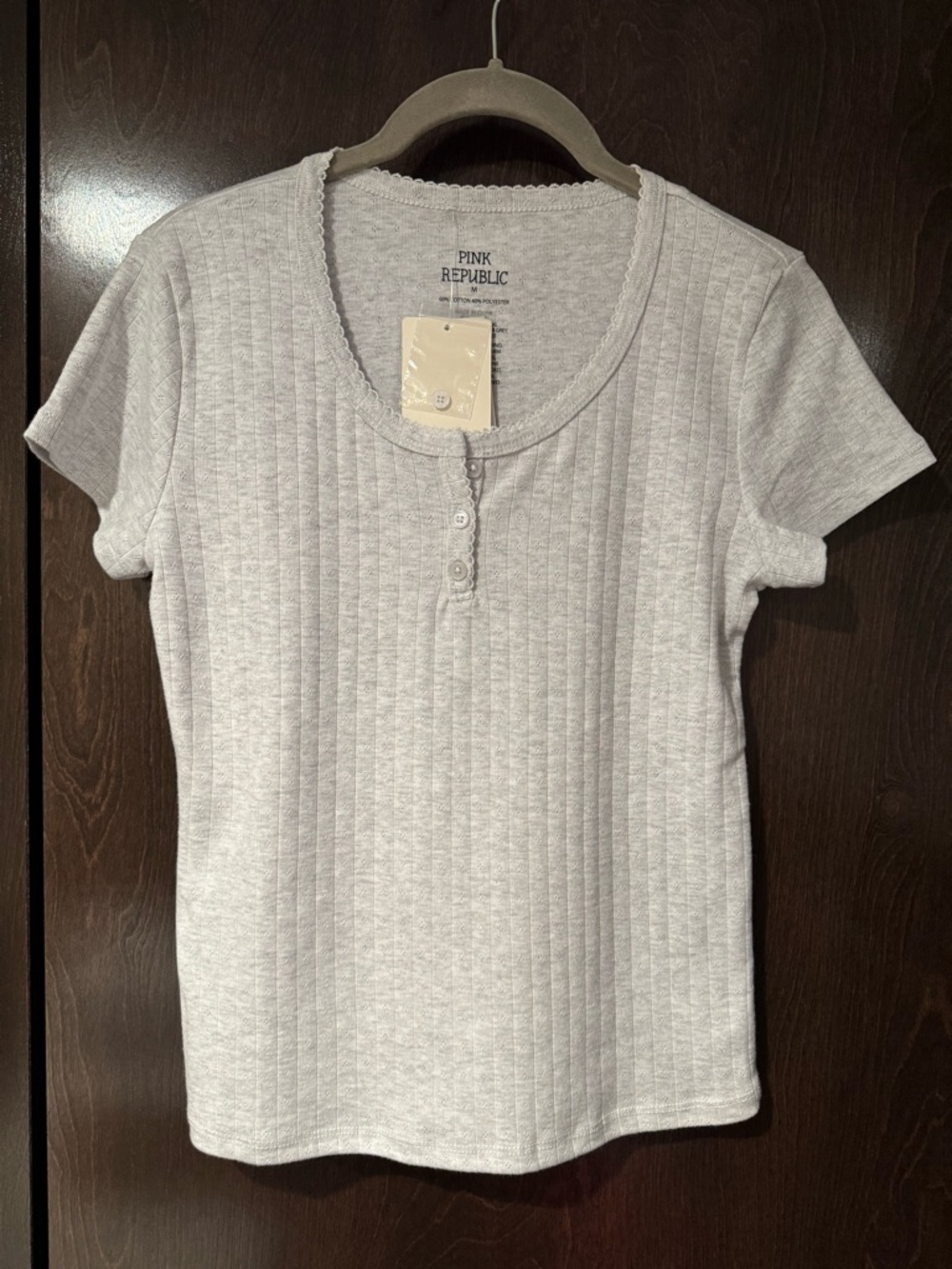 Light Grey Short Sleeve Henley Pointelle Top